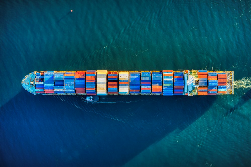 Aerial view of a cargo vessel under way