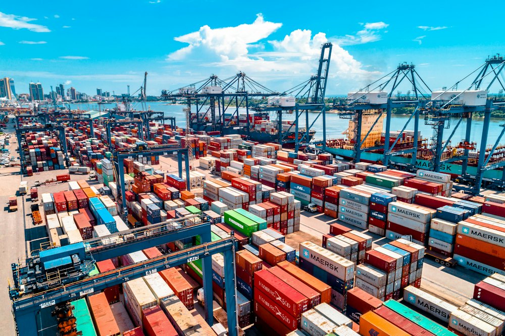 Stacked shipping containers at a terminal